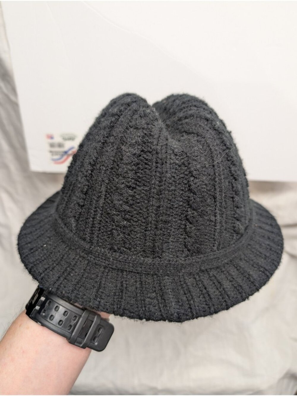 Vtg Headliners Black Cable Knit Bucket Hat Cloche Winter Cap 90s One Size